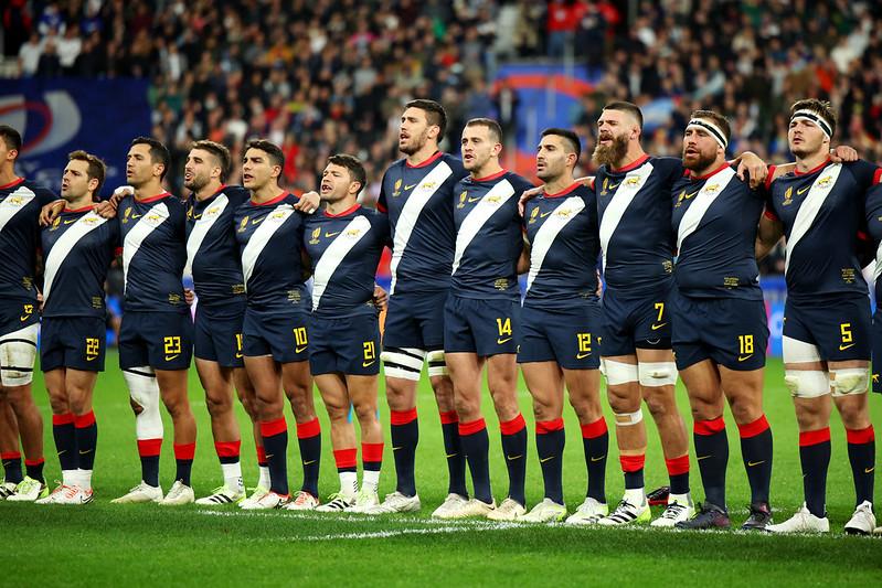 Los Pumas y la camiseta alternativa, en homenaje a los Granaderos, en el ultimo partido del Mundial, ante Inglaterra por el tercer y cuarto puesto. Foto: Gaspafotos 